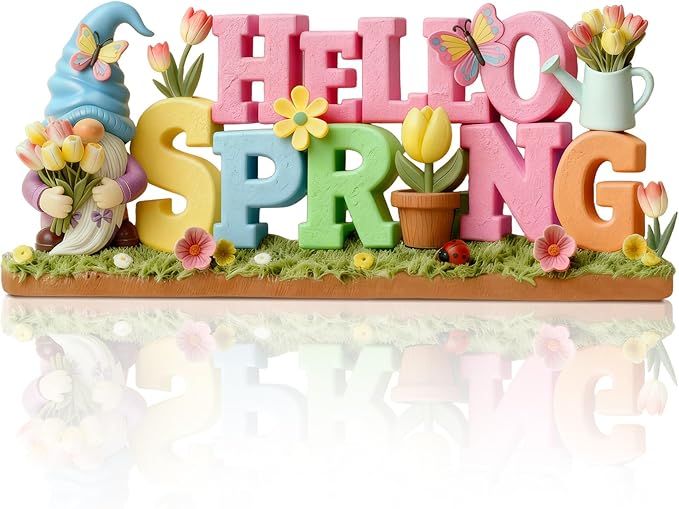 Simgoing 1 Pack Hello Spring Table Decoration Resin Spring Gnome Decorations for Home Pastel Flower Table Sign Festive Floral Statue Tabletop Centerpiece for House Tabletop Tiered Tray Fireplace Decor