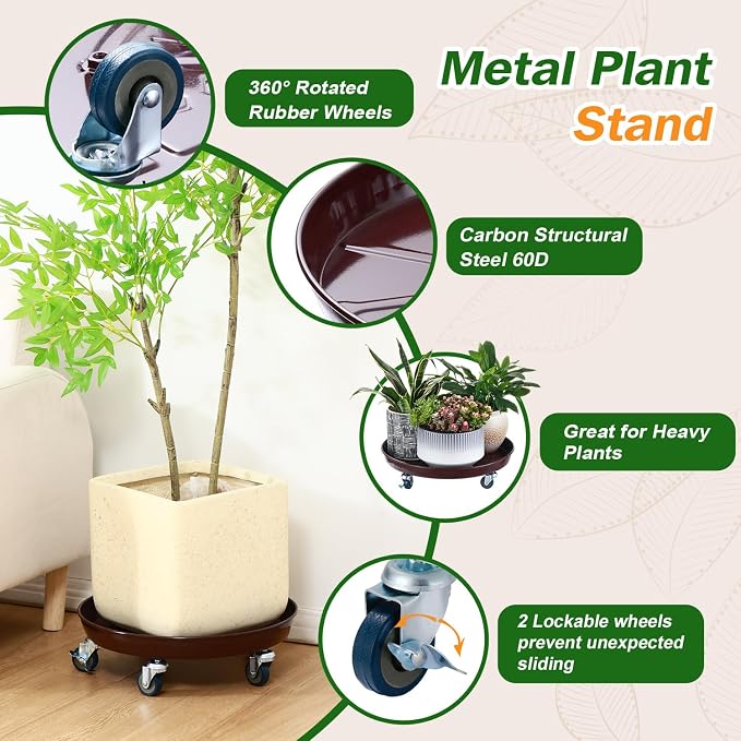 Planterhoma 3 Packs 13 inches Metal Plant Caddy with Wheels Large Rolling Plant Stand Heavy-Duty Iron Plant Dolly Casters for Indoor Outdoor Flower Pot Mover Roller Coasters, Dark Coffee