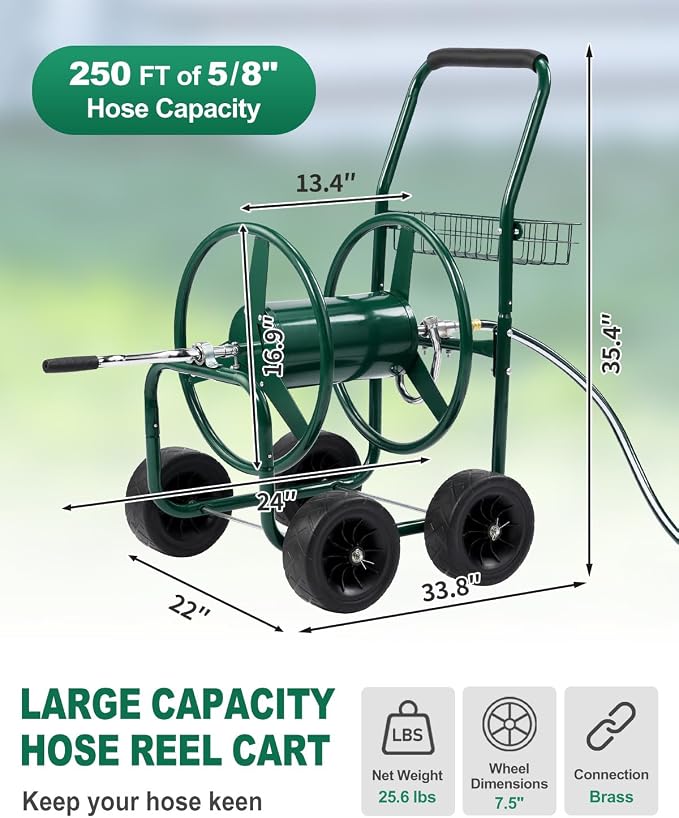 Outvita Garden Hose Reel Cart, Heavy Duty Water Hose Cart for Outside, Lawn Watering, for Garden, Yard, Lawn, Farm, Hold Up to 250 ft of 5/8’’ Hose, 4 PU Wheels, Storage Basket (Green)