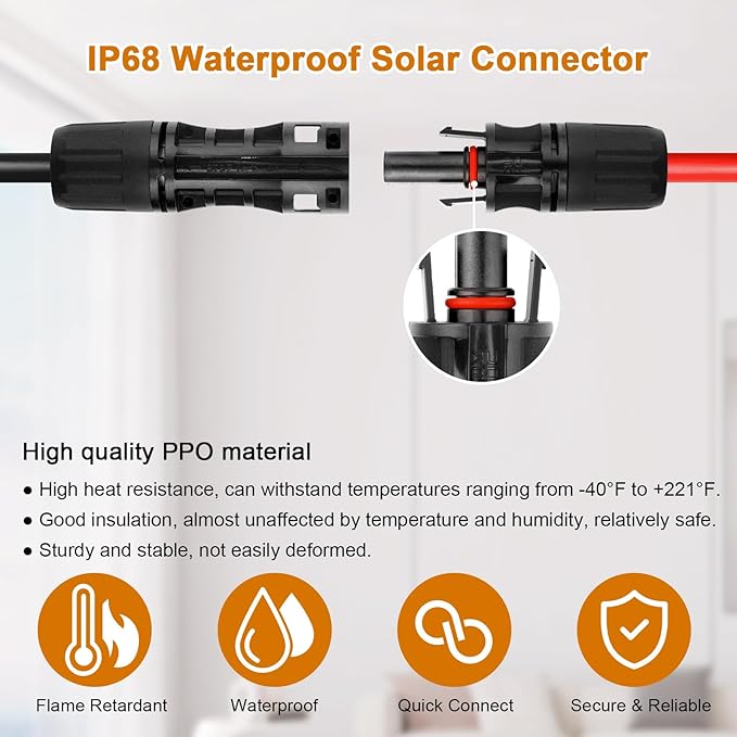 8AWG Solar Cable - 3FT Solar Panel Extension Cord 8 Gauge PV Wire with Flame Retardant Protective Sleeving Female & Male Waterproof Connector for RV, Photovoltaic Systems, Solar Panels (3 Feet)