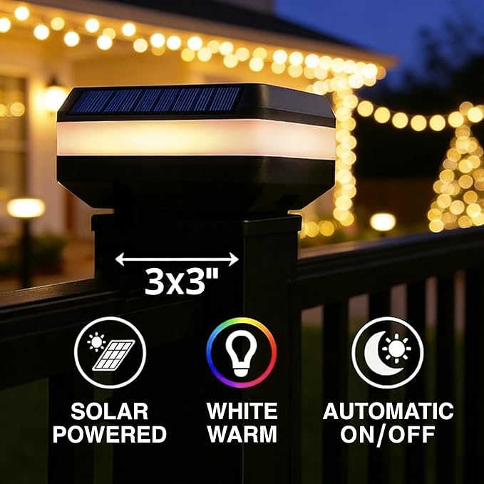 4-Pack Solar Fence Post Cap Lights, IP65 Waterproof for 2"x2" & 3"x3" Posts (5x5cm & 8x8cm), Outdoor Wall & Deck Lighting with Warm White/Cool White