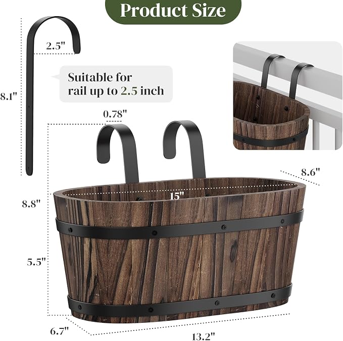 Railing Planters for Outdoor Plants Balcony Hanging Flower Pots with Detachable Hooks, Window Flower Box Hanging Bucket Pots Fence Planters for Garden Home Decor(Carbonized-2pack, Large)
