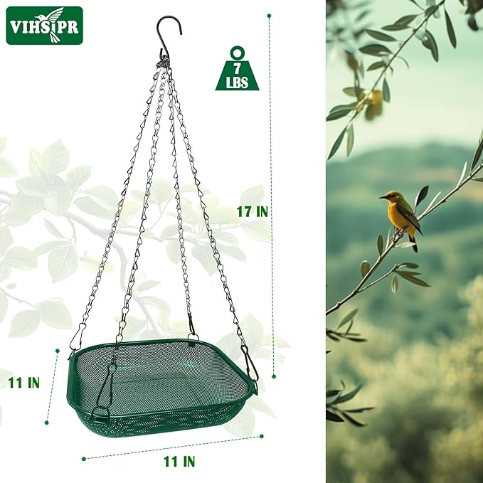 Hanging Bird Feeder for Outdoors – 11 in Square Metal Mesh Bird Feeder Tray Platform for Wild Birds, Green