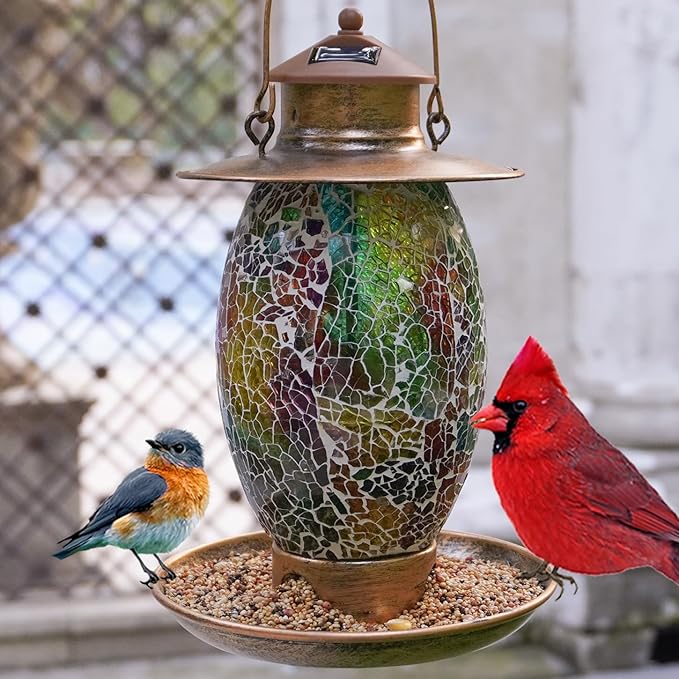 Bird Feeder for Outdoor Hanging with Mosaic Stained Glass, Solar Lights, Waterproof Lantern Shape with Hook, Garden Decor Unique Gifts for Mom, Women, Grandma, Bird Lovers - Gold