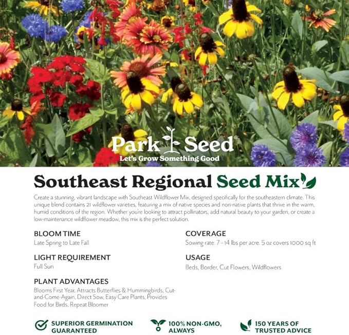 Park Seed Grow Your Own Vibrant Annual and Perennial Wildflower Garden Seeds Mixture, Easy to Grow Varieties for Pollinators and Spring Gardens - Southeast Regional Mix, 10 lbs
