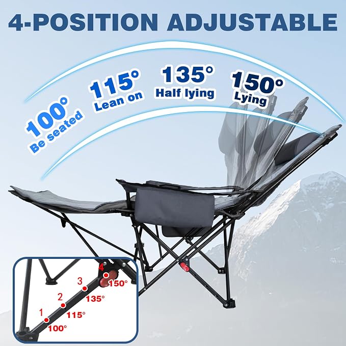 Reclining Camping Chair 4 Position with Foot Rest Comfortable for Adults 265Ibs Folding Lounger Mesh Beach Chair with Cooler Bag,Cotton Cushion and Cup Holder for Outdoor Patio