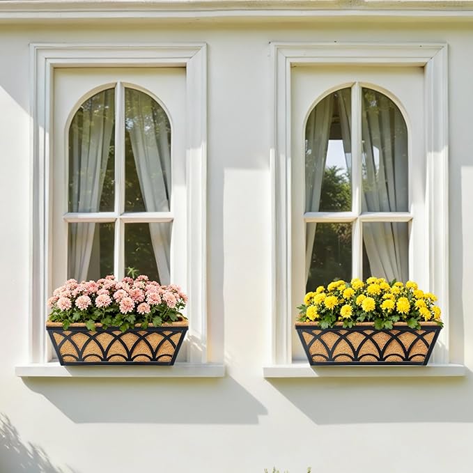 16 Inch Railing Planter Box Window Boxes Planters - 4 Pack Deck Railing Planter Boxes with Adjustable Brackets Coco Liners Balcony Planters Railing Hanging for Window Flower Boxes Outdoor Garden Decor