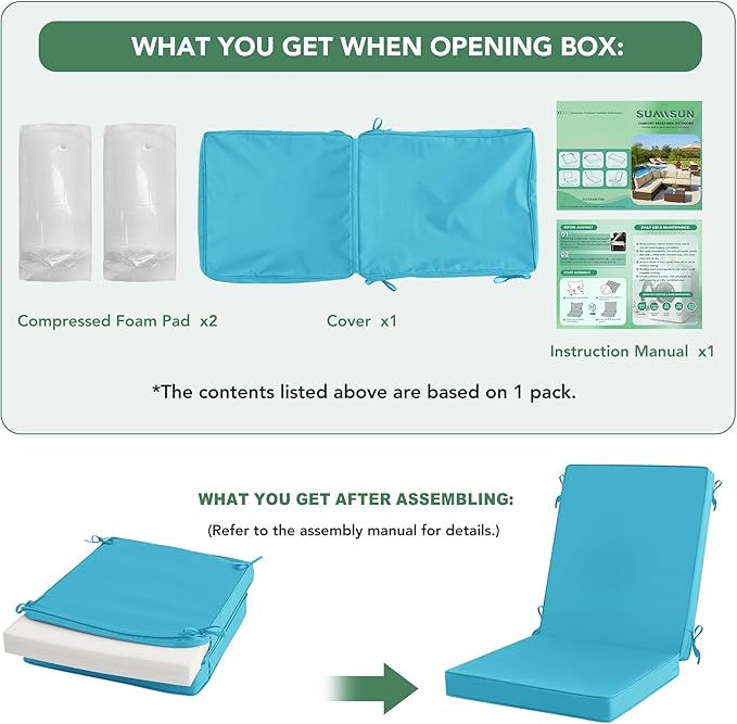 Summsun Patio Dining Chair Cushions with Non-Slip Bottom, Water Resistant Outdoor Seat Cushion with Ties, Removable Covers for Garden Lawn Patio Furniture, 44 x 20 Inch, Teal, Set of 2