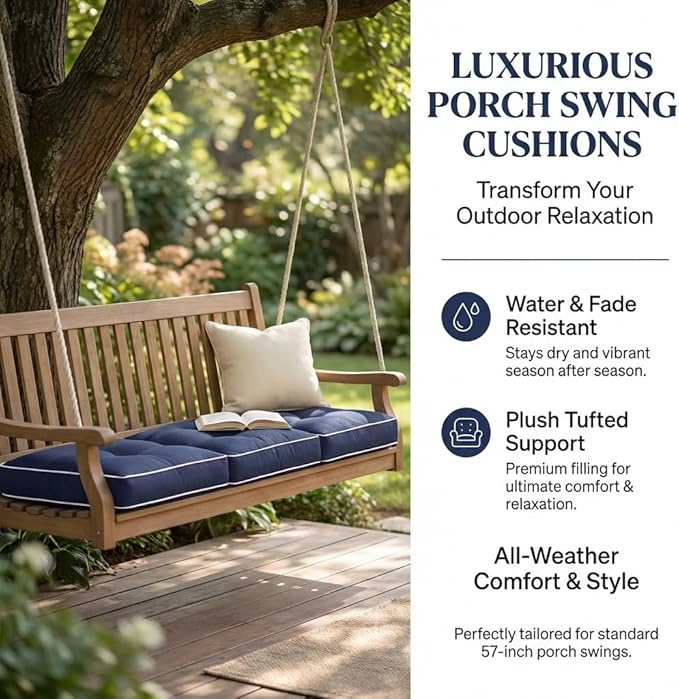 3 Seat 57 Inches Outdoor Porch Swing Cushions,Water-Resistant Tufted Patio Swing Replacement Cushions