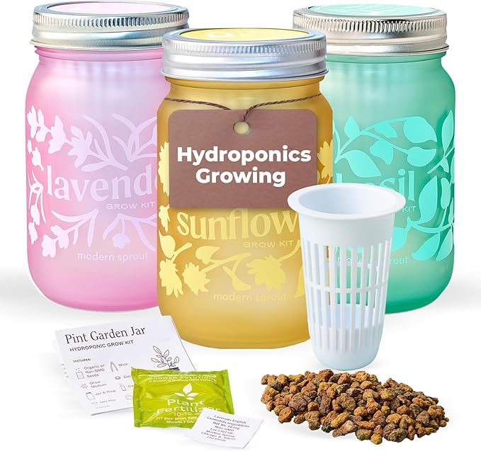 Modern Sprout Mason Garden Jar -Self-Watering Hydroponics Growing System Kit w/Organic Herb Seeds - Jar Planter for Indoor Herb Garden -Seed Starter Kit Basil+Lavender+Sunflower