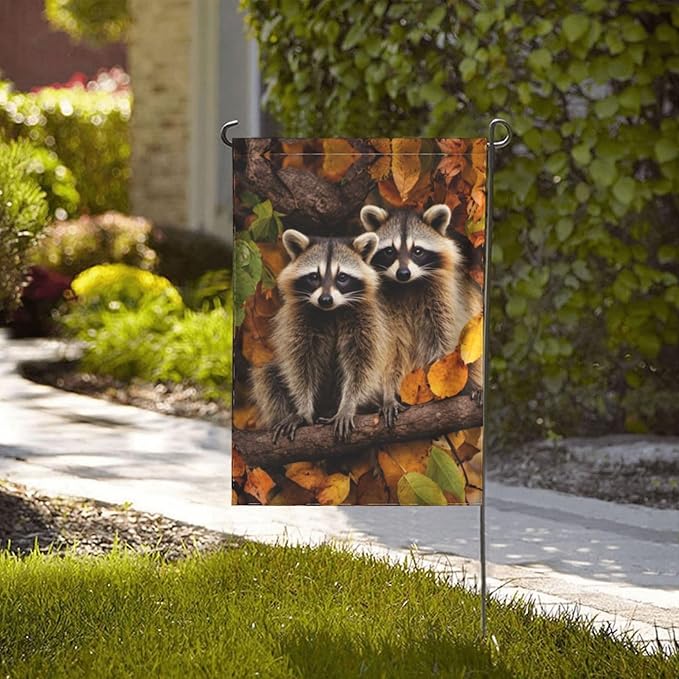 Delerain Cute Raccoon Garden Flag, 12.5 x 18 Inch Double Sided Design Weather Resistant Indoor & Outdoor Decoration Small Banner for Home Yard Lawn Patio Office