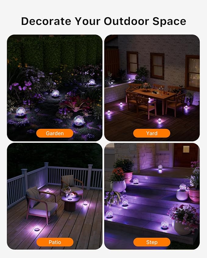 4 Pack Multicolor Solar Powered Cracked Glass Ball Lights Outdoor Waterproof LED RGB Ambiance Orbs Lamps for Outside Garden, Patio, Table, Walkway, Stairs, Lawn, Landscape Decor with Durable Stakes