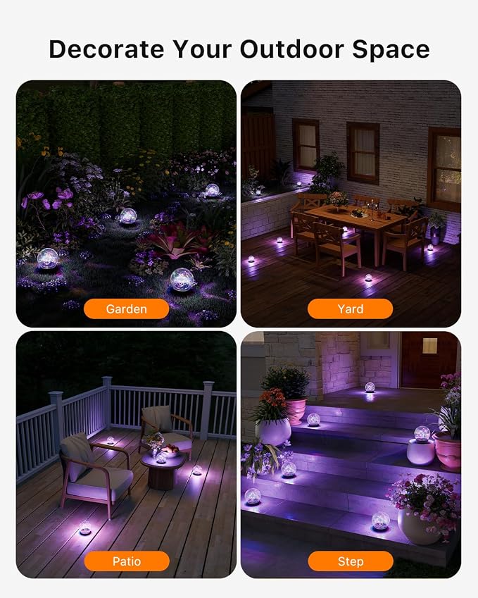 4 Pack 4.72" Multicolor Solar Powered Cracked Glass Ball Lights Outdoor Waterproof RGB Ambiance Orbs Lamps for Outside Garden, Patio, Table, Walkway, Stairs, Lawn, Landscape Decor with Durable Stakes