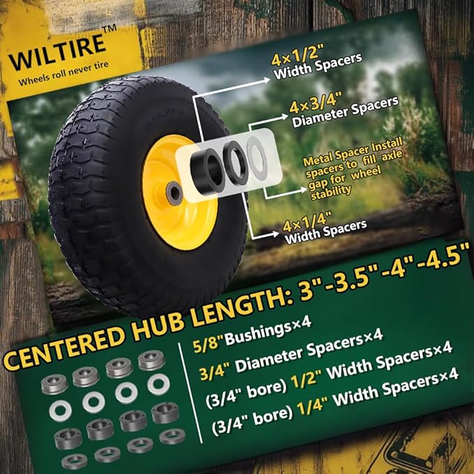 15x6.00-6 Tire and Wheel Assembly (2 Pack),Replacement Riding Lawn Mower Front Tires - With 3" Centered Hub and 3/4" Bushings (Extra 5/8" Bushings)
