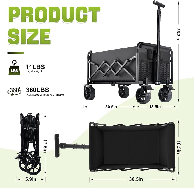 Collapsible Foldable Wagon Cart with Wheels - 360LBS Folding Utility Wagon Cart with Brakes, Lightweight Portable All-Terrain Wagons for Groceries Garden Beach Shopping Camping, 2 Cup Holders/Black