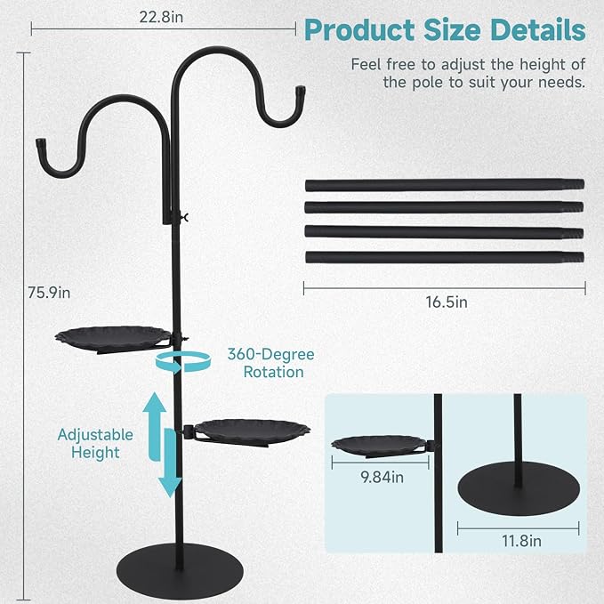 74" Shepherd's Hook Stand Plant，Wind Chime Hanger Stand, Bird Feeder,Waterproof Metal & Adjustable-Height Standing Pole Holder for Lantern and Wreath, Indoor & Outdoor