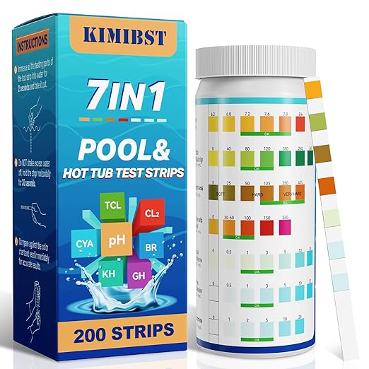 Pool Test Strips: 200CT 7-Way Professional Hot Tub & Spa Test Kit for Bromine pH Total Chlorine & Hardness Cyanuric Acid and More Accurate Testing Above Inground Swimming Pool Water (200)