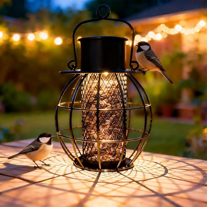 Suet Ball Bird Feeder Outdoor Hanging- Heavy Duty Metal Bird Feeder with Solar Lights,Chew-Proof,Outdoor Solar Lantern Feeder for Small Birds, Unique Gifts for Mom, Grandma (Black)