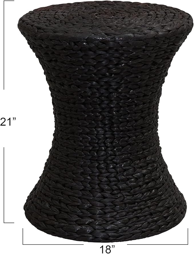 Household Essentials Handwoven Water Hyacinth Wicker Stool with Hourglass Shape, Black