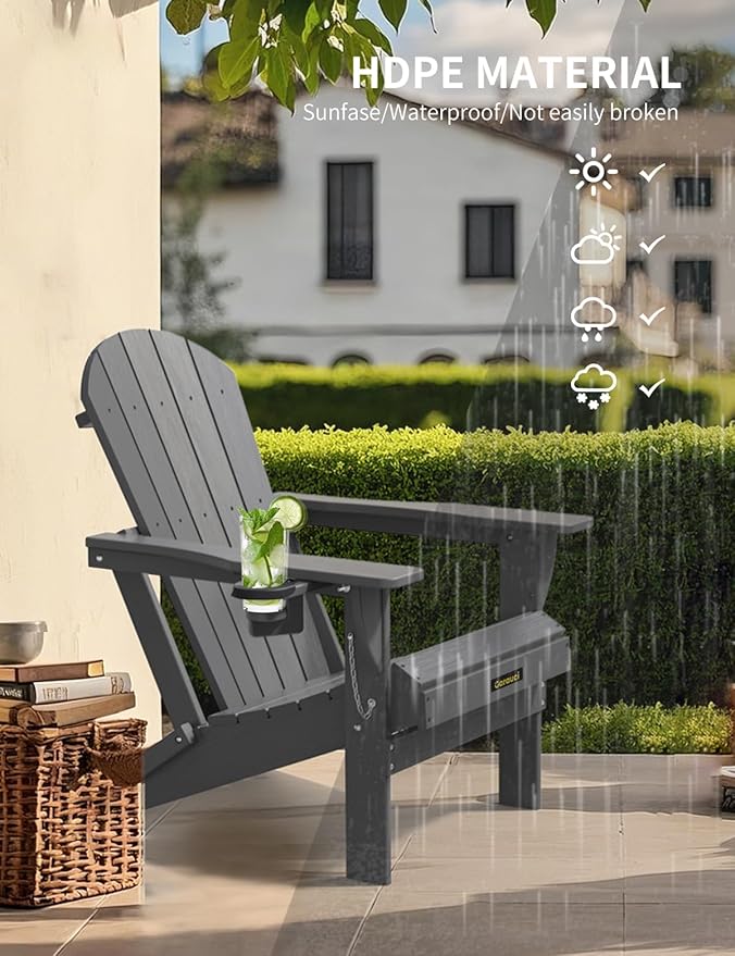 Plastic HDPE Adirondack Chair,Set of 6,Folding Adirondack Chair Weather Resistant with Cup Holder, Wooden Textured Fire Pit Outdoor Chair for Garden, Porch, Lawn, Backyard, Supports 380LBS, Grey