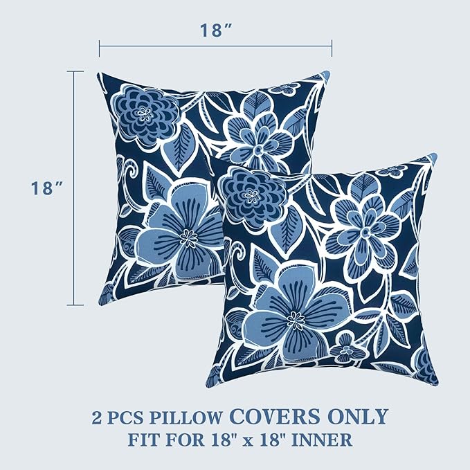 LVTXIII 2 Pack Outdoor Pillow Covers ONLY 18x18 Inch, Water-Repellent Square Decorative Cushion Covers for Patio Furniture, Garden, Sofa, Flower Navy