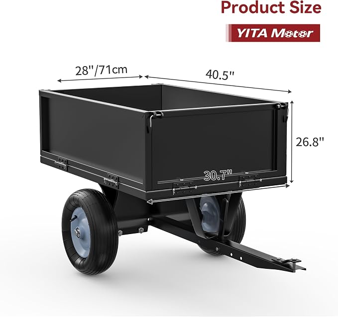 YITAMOTOR 500lbs Heavy Duty ATV Trailer Steel Dump Cart, Tow Behind Utility Dump Trailer with Removable Sides for Riding Lawn Mower Tractor, Black Utility Dump Trailer for Garden & Yard Work