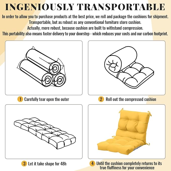 Marsui 2 Pcs Outdoor Indoor High Back Chair Cushions Patio Furniture Tufted Pillow with Ties Water-Resistant Replacement Outdoor Rocking Chair Cushions, 42 x 21 Inches (Yellow,Solid Color)