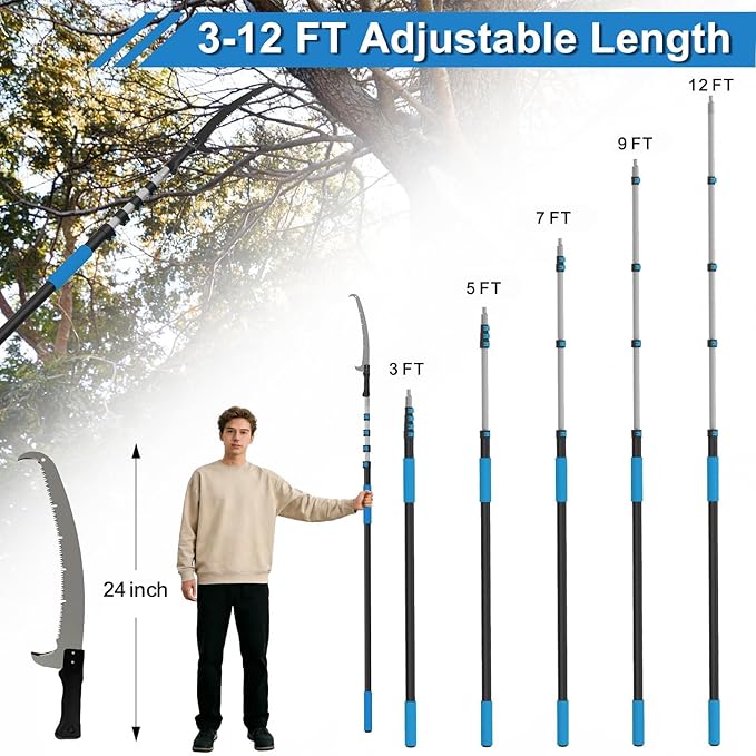 Manual Pole Saw for Tree Trimming, 18FT Reach Telescoping Extension Pole Tree Pruner with 24" Blade, Hand Pole Saw for Cutting High Branches, Detachable Pruning Saw for Garden Yard Maintenance
