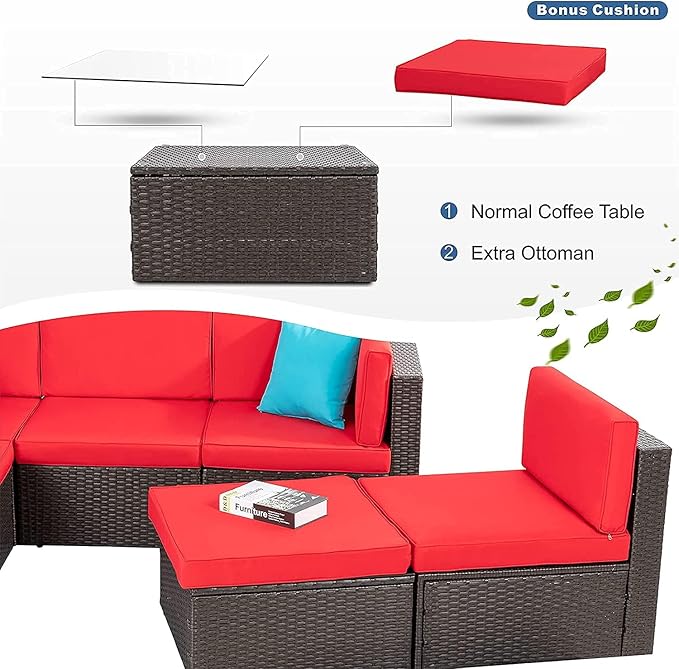 Vongrasig 6 Pieces Patio Furniture Set, Outdoor Sectional Sofa Couch, All Weather PE Rattan Patio Conversation Sets with Coffee Table for Garden, Backyard, Poolside (Red)