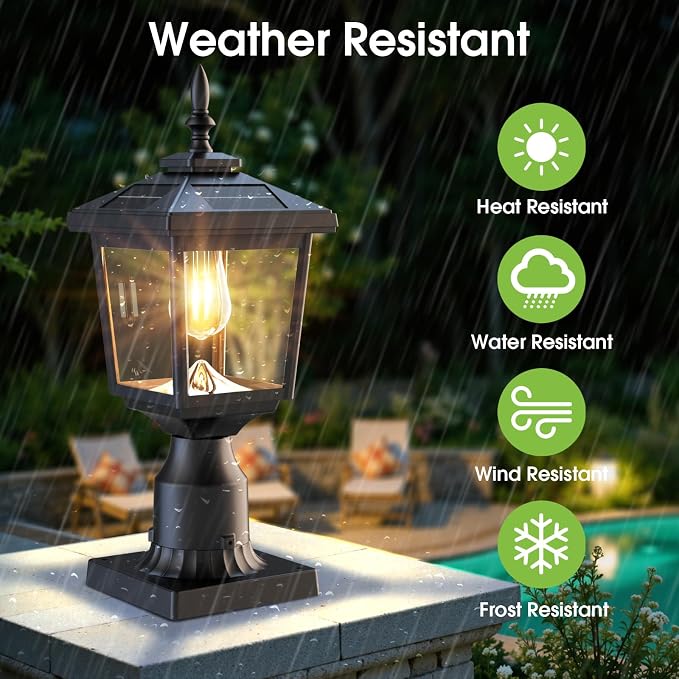 Greluna Solar Post Light with Pier Mount Base, 3000K Dusk to Dawn Lamp, Waterproof Outdoor Garden Yard Landscape Lighting, Decorative Pillar Light