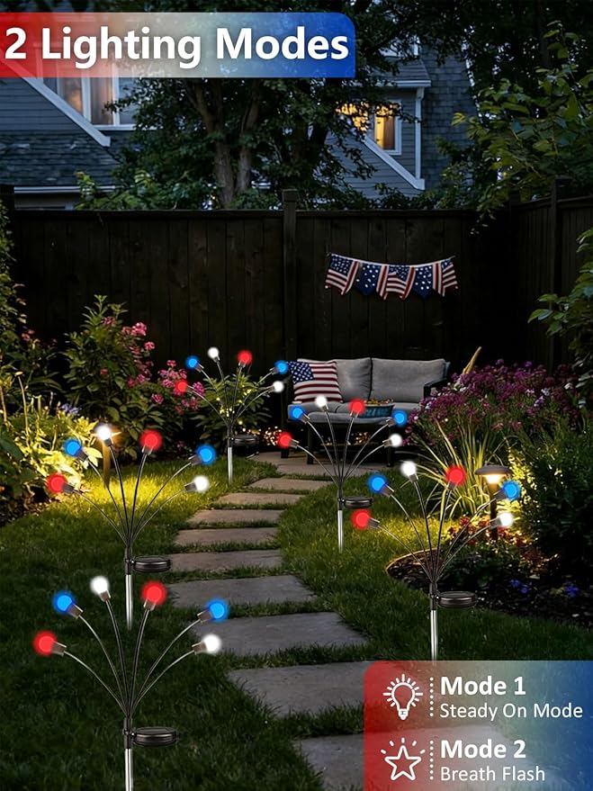 Upgraded 8 Pack Red White and Blue Solar Firefly Lights, 4th of July Solar Lights Patriotic Garden Lights Waterproof for 250th Anniversary National Day, Independence Day, Yard, Patio, Lawn Decorations