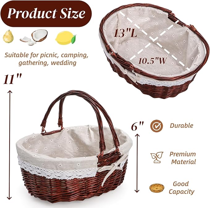 Dicunoy Wicker Picnic Basket with Handle, Large Empty Gift Basket to fill, Open Top Market Harvest Baskets for Garden, Fruit, Candy, Wine, Egg Gathering, Wedding, Vegetables
