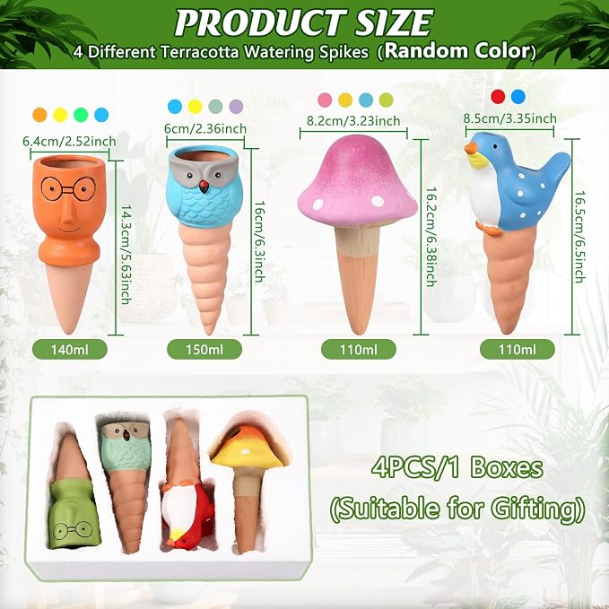 Domensi 4 Pack Terracotta Plant Watering Devices, Self Watering Spikes, Mushroom, Bird, Head, Owl-Shaped, Automatic Insert System Decorative Stakes, Cute Plant Spikes for Indoor Outdoor Plants