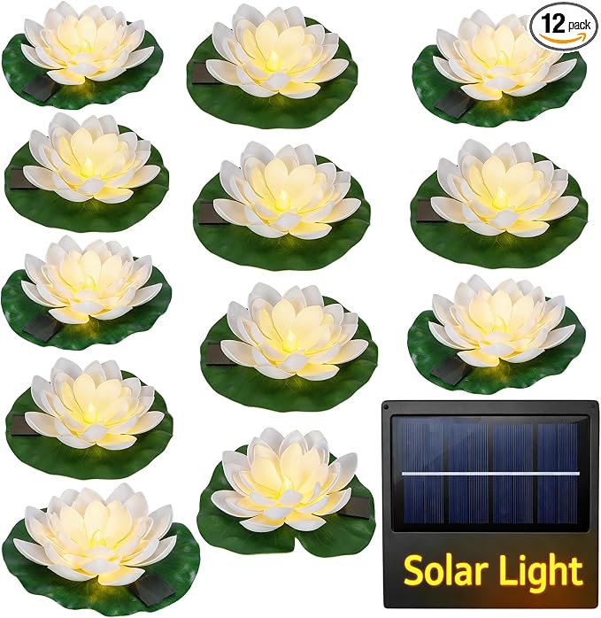 12 PCS Solar Floating Lotus Pool Lights - 7.09'' Waterproof Floating Flower with Light, Solar Water Activated Pool Lotus Lamp for Garden Pond Wedding Party Decoration (White)
