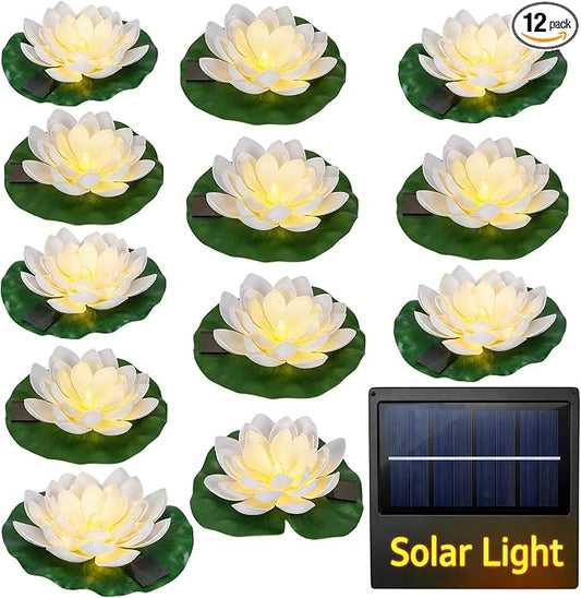 12 PCS Solar Floating Lotus Pool Lights - 7.09'' Waterproof Floating Flower with Light, Solar Water Activated Pool Lotus Lamp for Garden Pond Wedding Party Decoration (White)