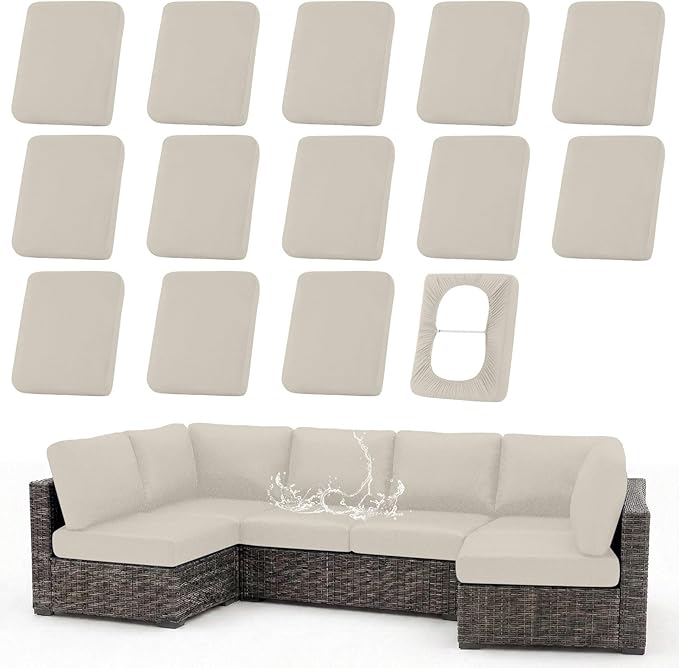hyha Waterproof Outdoor Cushion Covers for Patio Furniture, Stretch Patio Chair Cushion Slipcovers, Coated UV Resistant Replacement Seat Covers, Solid Color (Taupe, 14PC)