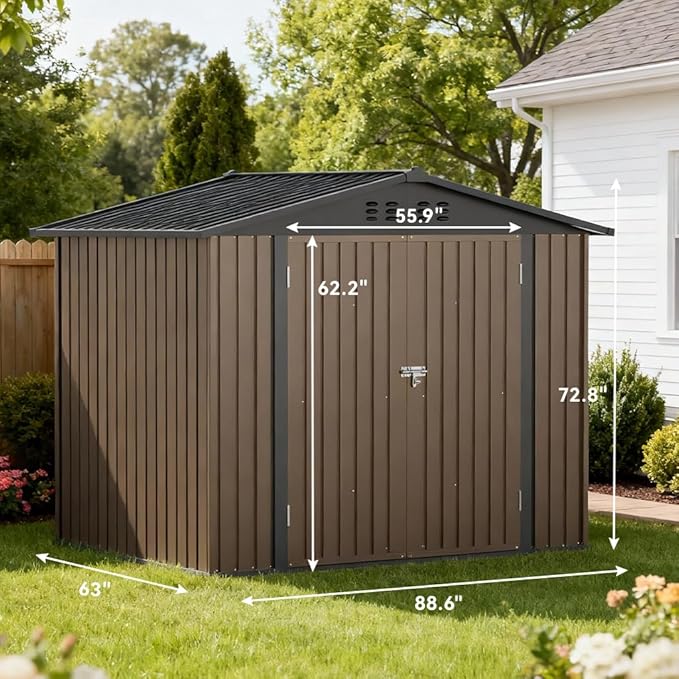 COMHOMA Shed Storage Outdoor Metal Windowed Lockable Weatherproof Ventilated Backyard Garden Utility Workshop(Brown,8'*6')