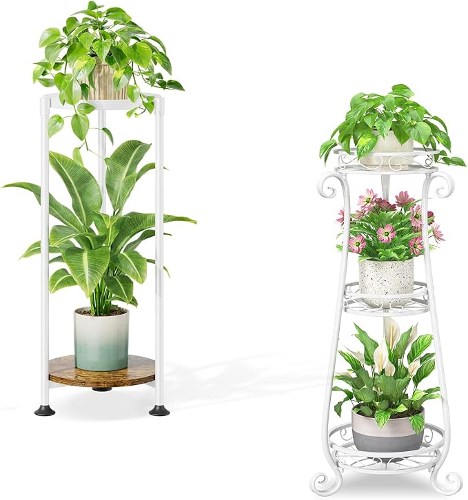 iDavosic.ly Metal Plant Stand Indoor Outdoor Set of 2, 3 Tiered Corner Flower Holder Shelf and 2 Layer Tall Vertical Heavy Duty Display Rack for Patio Porch Living Room, Modern White & Rustic Brown