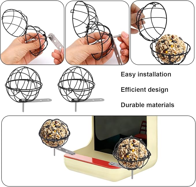 2pcs Suet Ball Holders, Alloy Bird Suet Ball Cage with 2 Fixed Connection Accessories & 4 Screws Durable Bird Feeder Accessories for Outdoor Birds Feeders