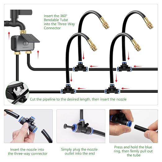 120FT Drip Irrigation System with WiFi Solar Water Timer, Automatic Garden Watering Kit with Dual Metal Tube Brass Connectors, 360° Adjustable Nozzles for Garden, Greenhouse & Lawn