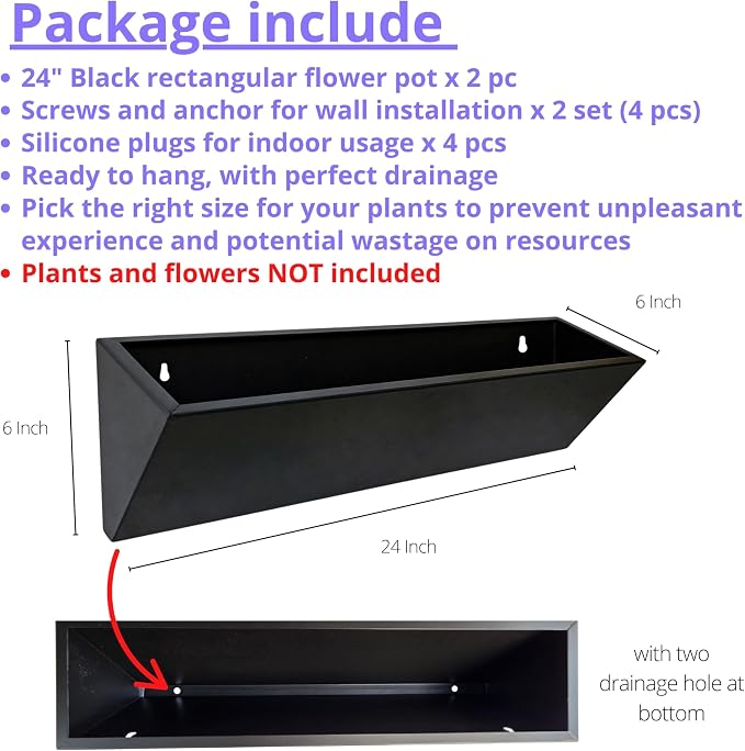 LaLaGreen Wall Planter (24 Inch, 2 Pack) Triangle Black Metal Hanging Flower Pots for Outdoor Plants, Geometric Carbon Steel Wall Mounted Planters for Succulents, Modern Vertical Garden Home Decor