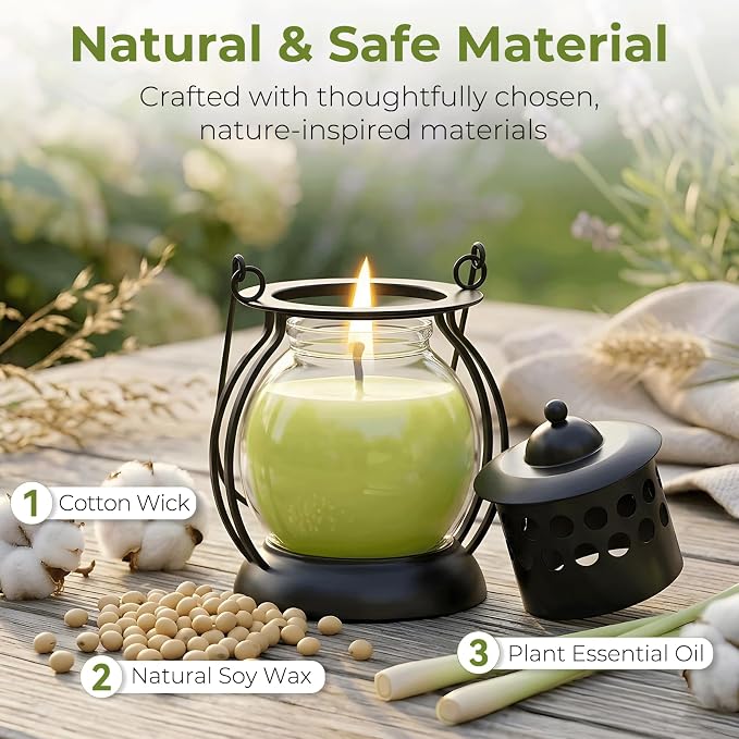 Citronella Candles Outdoor 3 Pack, DEET-Free Soy Wax Candles with Upgraded Metal Lantern Design, Long Burning Lemongrass Candles for Patio, Garden & Backyard Decor