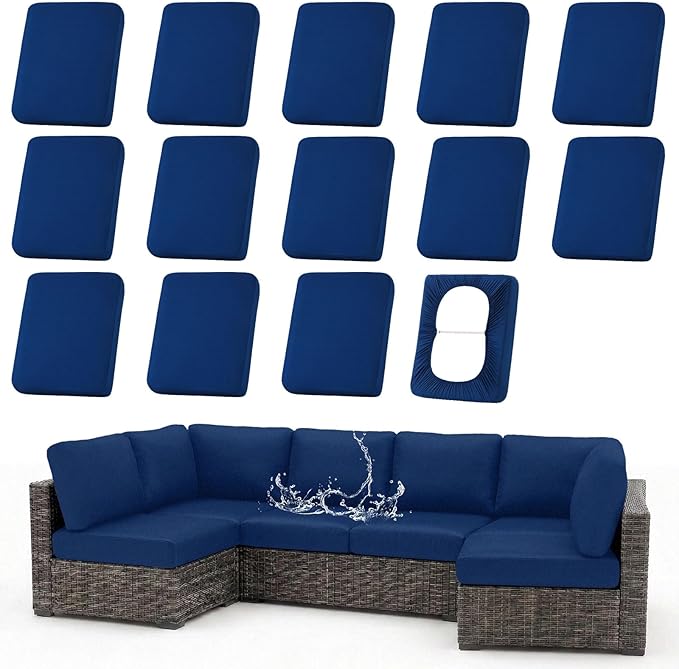 hyha Waterproof Outdoor Cushion Covers for Patio Furniture, Stretch Patio Chair Cushion Slipcovers, Coated UV Resistant Replacement Seat Covers, Solid Color (Navy, 14PC)