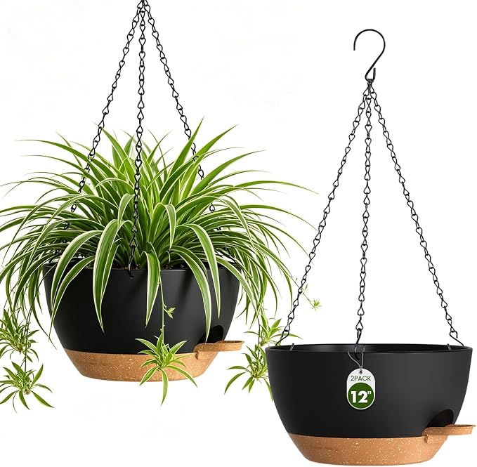 12 Inch Self Watering Hanging Planters, 2 Pack Plastic Plant Pots | Sturdy lightweight pot with side watering lip, drainage holes, snap-on detachable tray & hanging chain for easy care