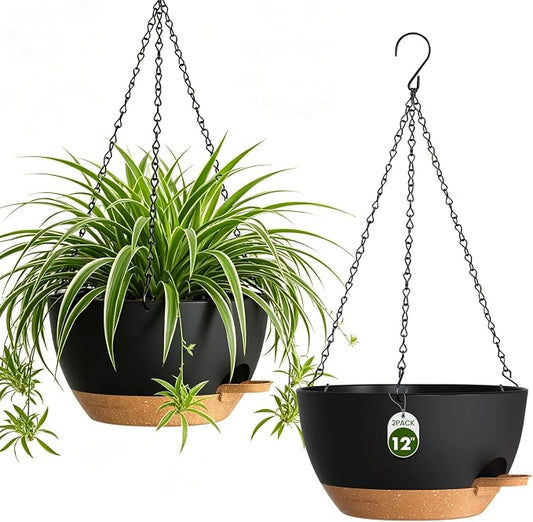 12 Inch Self Watering Hanging Planters, 2 Pack Plastic Plant Pots | Sturdy lightweight pot with side watering lip, drainage holes, snap-on detachable tray & hanging chain for easy care