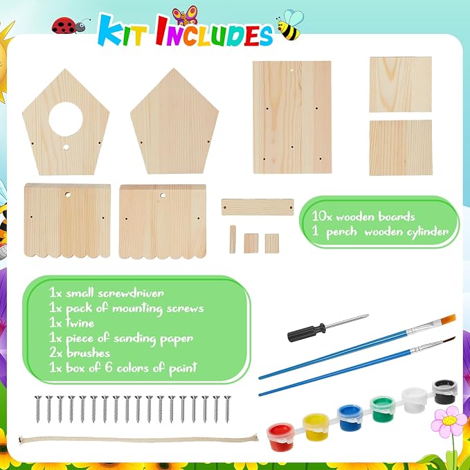 Juexica 2 Pack DIY Birdhouse Kits for Kids Ages 6+ Build and Paint Wooden Bird House Arts and Craft Project with Paint Strips Brushes for Boy Girl Adult Classroom Indoor Outdoor Crafts (Rotundity)