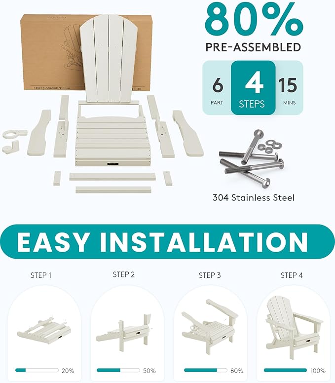 SERWALL Folding Adirondack Chair Set of 2, All Weather Patio Chair with Wood Texture, Fire Pit Chairs for Outdoor - White
