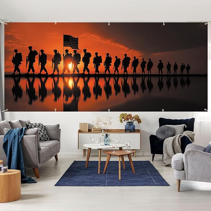 16x7Ft Patriotic American Soldier Silhouette Military Memorial Day Garage Door Decoration Flag, Military Tribute flag Garage Door Banner Sunset USA Flag Patriot Themed Outdoor Decor