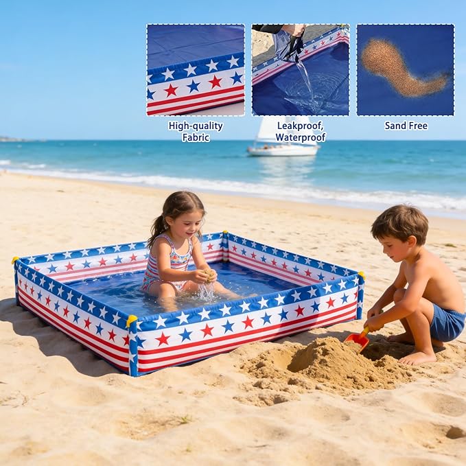 3.3 X 3.3 Ft Portable Beach Square Puddle, American Flag Foldable Beach Pool for Boys Girls Ages 2 3 4 5 6, 4th of July Patriotic Beaches Essentials with Carrying Bag, No Need to Dig Hole and inflate