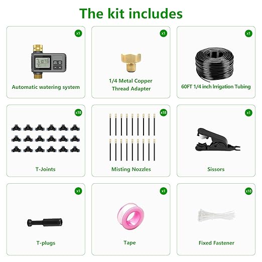 60Ft Drip Irrigation System with Smart Water Timer – Automatic Garden Watering Kit with Solid Brass Metal Connectors, 360° Adjustable Nozzles & Bendable Tubing for Garden, Greenhouse & Lawn